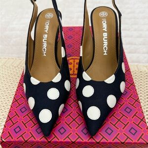 Tory Burch White and Blue Heels with Pointed Toe